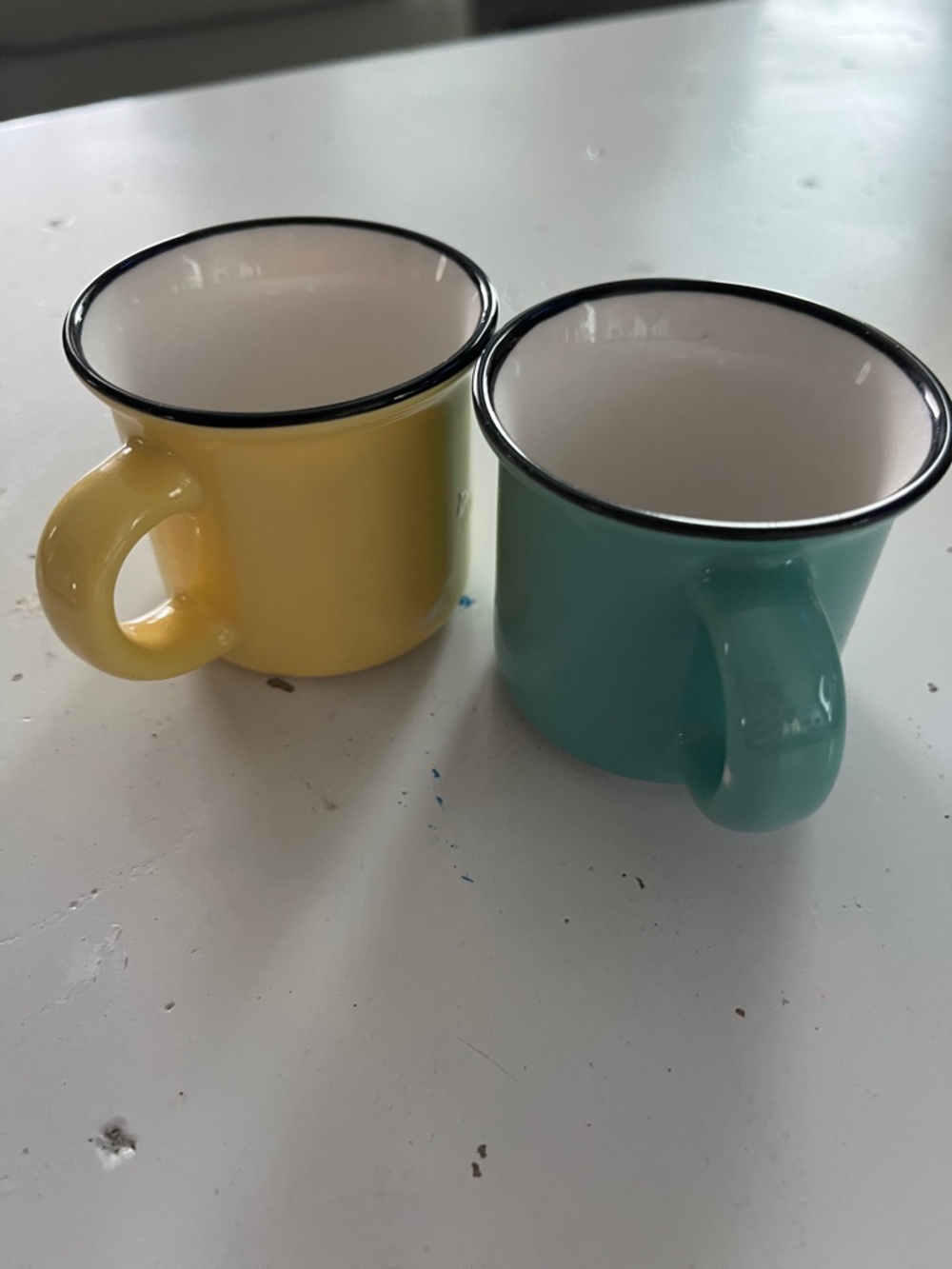 Two-Piece Yellow and Teal Enamel Mini Mugs - Picture 3 of 6